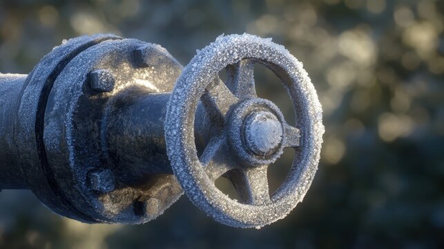 Close up of a deactivated industrial gas valve covered in sparkling frost and ice during a cold winter day