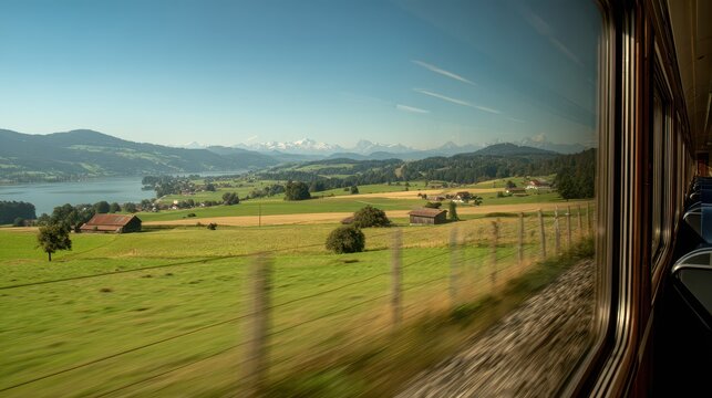 Rural Swiss countryside seen from a moving train: green meadows, barns, and mountains