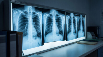 chest x-ray films displayed on light box in dark medical room. radiology and healthcare concept. human lung and rib cage anatomy. banner, website header with copy space.