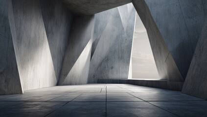 Obraz premium Modern architectural interior with geometrical concrete walls and a view to the sky