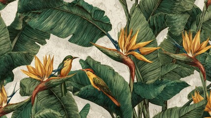 Tropical Wallpaper with Birds and Flowers Design Natureinspired Home Decor Green Leaves and Yellow Blooms