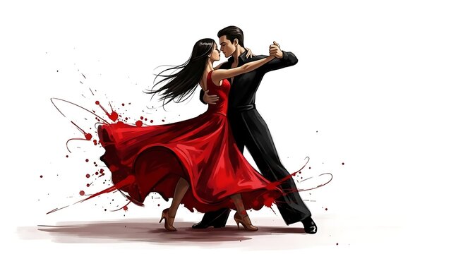 Couple dancing tango with red dress and paint splashes isolated on white background 