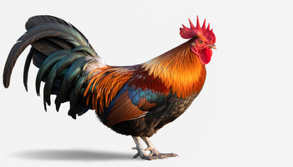 Fototapeta premium A majestic rooster stands proudly with vibrant plumage and alert posture on a plain white background from a side viewpoint