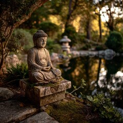 Obraz premium Serene Buddhist statue in nature, quiet atmosphere, contemplation and spiritual stillness