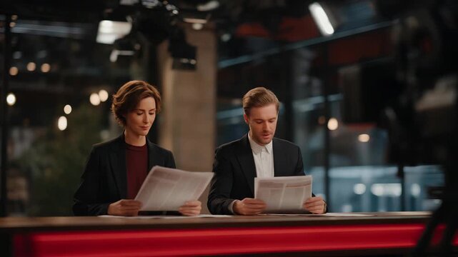 An emergency broadcast studio activating its alert system, anchors receiving updated scripts while red warning graphics prepare to go live &mdash; rapid public communication during crisis. cinematic