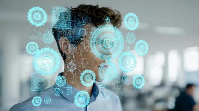 An industrial engineer profile double-exposed with blueprints, gears, and digital schematics, representing precision engineering, planning, and technical expertise. cinematic color correction,