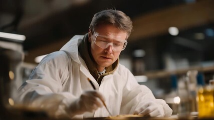 Close-up of a pyrotechnic expert mixing powdered compounds under controlled lab conditions, wearing protective gear while testing color intensity and burn rates — chemical craftsmanship and