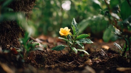 Vibrant yellow flower blooming in lush green garden soil surrounded by foliage