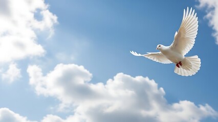 Fototapeta premium A white dove flying in the sky with fluffy white clouds 