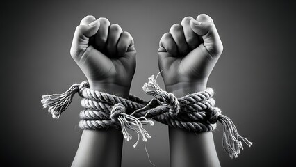 Two fists with wrists bound by rope in a symbol of restraint or captivity 