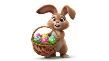 Cute easter bunny holding a basket of colorful eggs isolated on white background for springtime fun and celebration easter day