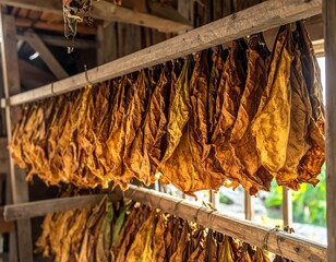 Tobacco Leaves Drying in a Barn - A Close-Up View.