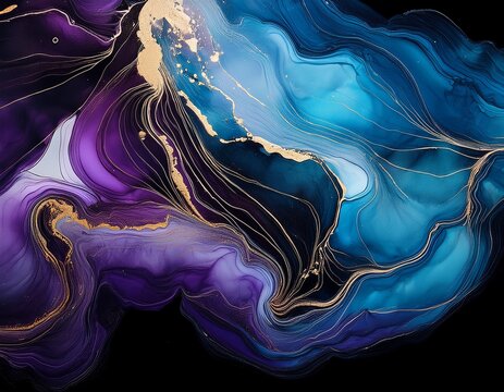 abstract fluid art painting background in alcohol ink technique mixture of blue purple and gold paints on black background transparent overlayers of ink create lines and gradients - Powered by Adobe