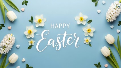 Easter celebration with flowers and text on blue background with decorative elements easter day