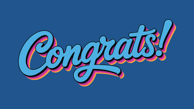 congrats text typography in colorful retro script style, celebration congratulation message design, decorative lettering illustration isolated on blue background