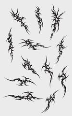 Neo tribal cybersigilism y2k metal tattoo collection with gothic designs for alternative style and body art. set flame ornaments with sharp edges and metalcore aesthetic. Vector decorative elements