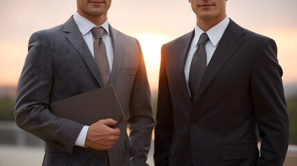 Two businessmen in formal suits standing outdoors during golden hour one holding a folder with a soft sunset or sunrise in the background