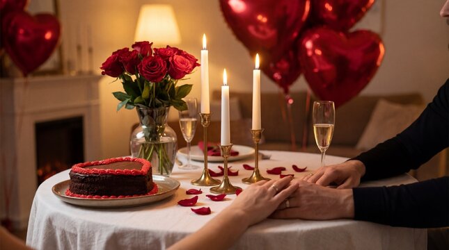 caucasian couple holding hands at romantic dinner table with heart cake, red roses and candles. st valentine's day celebration. greeting card, banner, website header.
