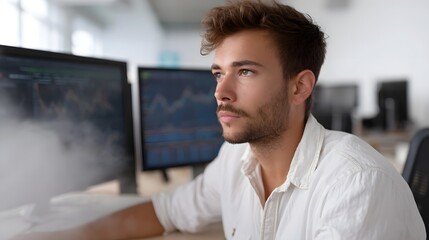 A young professional man focuses intently on multiple computer screens displaying financial charts in an office setting