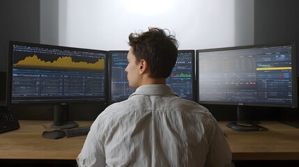 A professional sits at a desk intently analyzing complex financial market data and charts displayed across multiple computer screens in an office