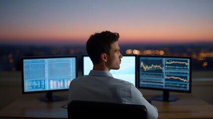 A focused man analyzes financial data on multiple monitors during twilight with a city skyline view