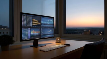 Modern office desk with multi monitor financial data display overlooking a twilight cityscape