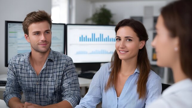 Three professionals in an office setting collaborating and analyzing data on dual computer screens - Powered by Adobe