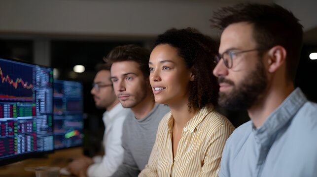 A team of professionals collaborating and analyzing financial data on multiple computer screens in a modern office setting - Powered by Adobe