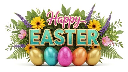 Happy easter greeting with colorful eggs and floral arrangement isolated on white background for spring holiday easter day