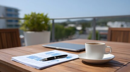Business documents coffee and laptop arranged on a wooden table on a sunny outdoor terrace