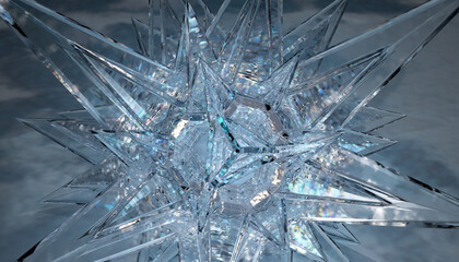 A shattered glass fragment lies on a reflective surface, with shards radiating outward in a dynamic, abstract pattern