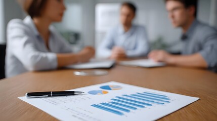 Fototapeta premium Business professionals in a meeting discussing financial charts and data on a wooden table