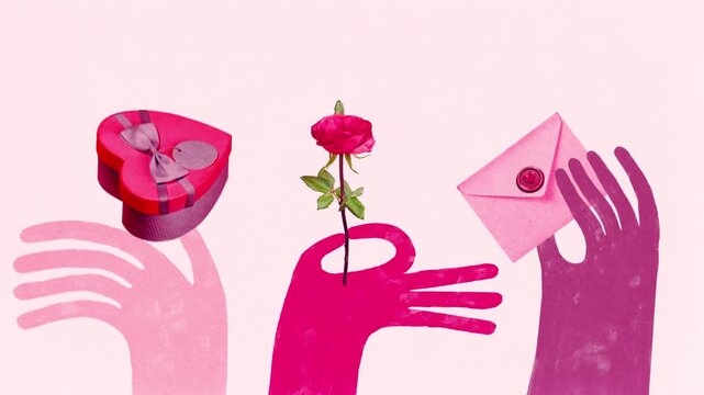 Modern ad video. Expressive composition of love gifts rose and envelope. Concept of Saint Valentine Day gift promos, flower shop advertising, greeting card design and holiday marketing materials.