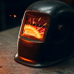 Welding helmet with sparks flying during metalwork on a workbench