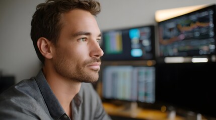 Focused businessman analyzing financial data on multiple computer screens in a modern office