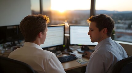 Two businessmen review data on computer screens during a golden hour sunset in a modern office