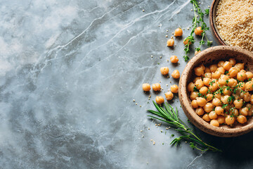 veganuary recipe card, veganuary theme with chickpeas, quinoa, earthy tones on marble background, and space for text