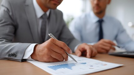 Two professionals in suits intently reviewing financial charts and data during a business meeting