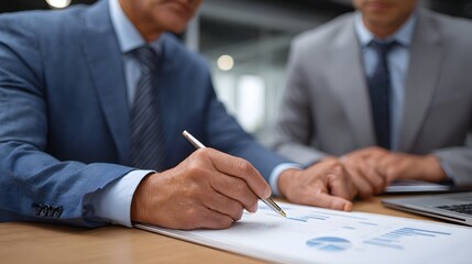 Two professionals in suits collaborate analyzing financial reports and charts at a business meeting