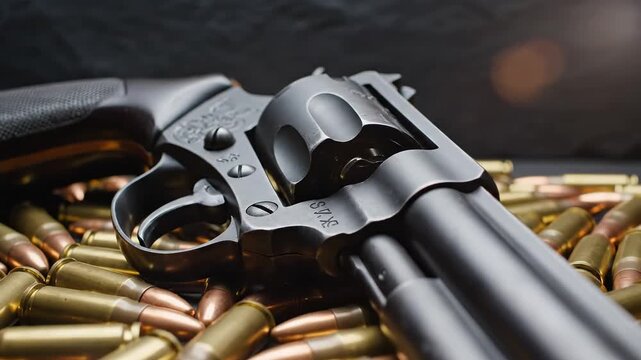 Revolver with bullets on surface