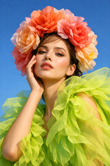Floral crown fashion portrait of elegant woman wearing green ruffled dress against clear blue sky in bright daylight