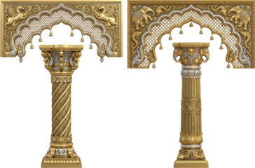 Luxury Handcrafted Gold Mandap Pillars with Intricate Scalloped Archways for Indian Wedding Stage Background and Royal Backdrop.