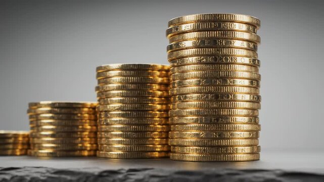 Stacks of golden coins arranged in ascending order