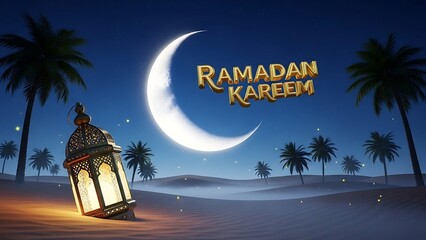 Ramadan kareem greeting with lantern and crescent moon in desert