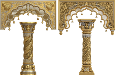 Ornate Indian Temple Style Gold Columns and Rectangular Archway for Traditional Wedding Decor and Cultural Event Visualization.