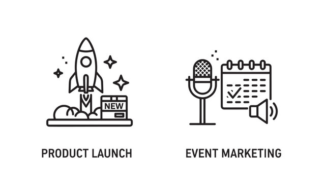 Marketing icons representing a new product launch rocket and an event marketing calendar with microphone - Powered by Adobe