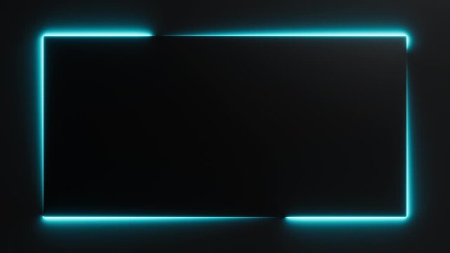 Blue neon light is moving around black rectangle frame on dark background. Seamless border cycling glow animation.