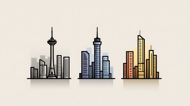 Stylized illustrations showcasing three urban city skyline silhouettes with vibrant color schemes - Powered by Adobe