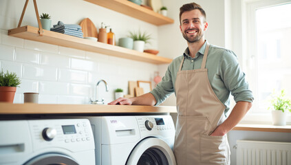man in an apron near a washing machine