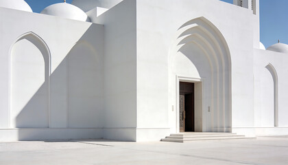 Modern white mosque exterior with domes and grand arched entrance sunlit minimal architecture clean facade and deep shadows under blue sky
